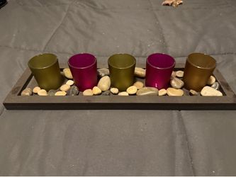 Sarah Peyton Jewel Tone Candle Set with Wooden Base & River Rocks