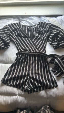 Black and white striped wrap romper with belt