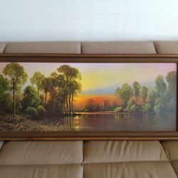 Beautiful Print Scene 43" x 18" Framed Lake Trees