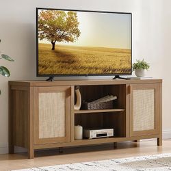 TV Stands for Living Room : Rattan TV Console Cabinet with Storage and Shelf, Boho Entertainment Center, 59" Media Console for 55, 65 Inch TV, 26" Tal