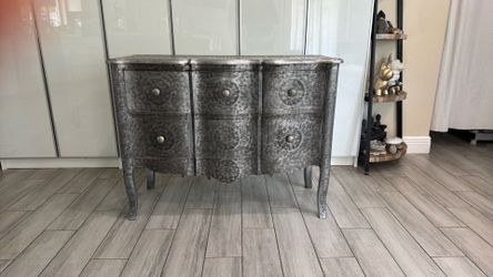 ANTHROPOLOGIE Embossed Metal Silver Dresser / Cabinet – Made in India – Floral Design