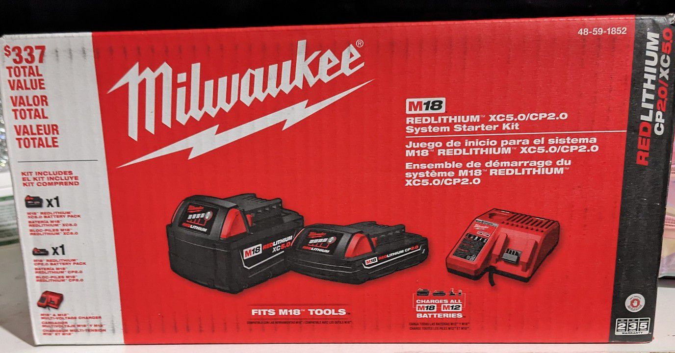 Milwaukee

M18 18-Volt Lithium-Ion Starter Kit with One 5.0 Ah and One 2.0 Ah Battery and Charger