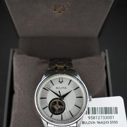 Bulova 96A243 Automatic 21 Jewels Open Heart Silver Dial Stainless Steel Watch