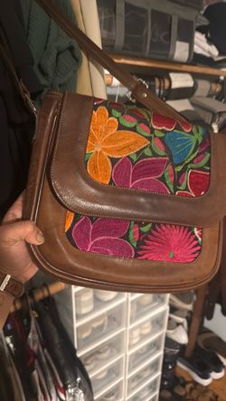Brown Leather Floral Embroidered Crossbody Bag