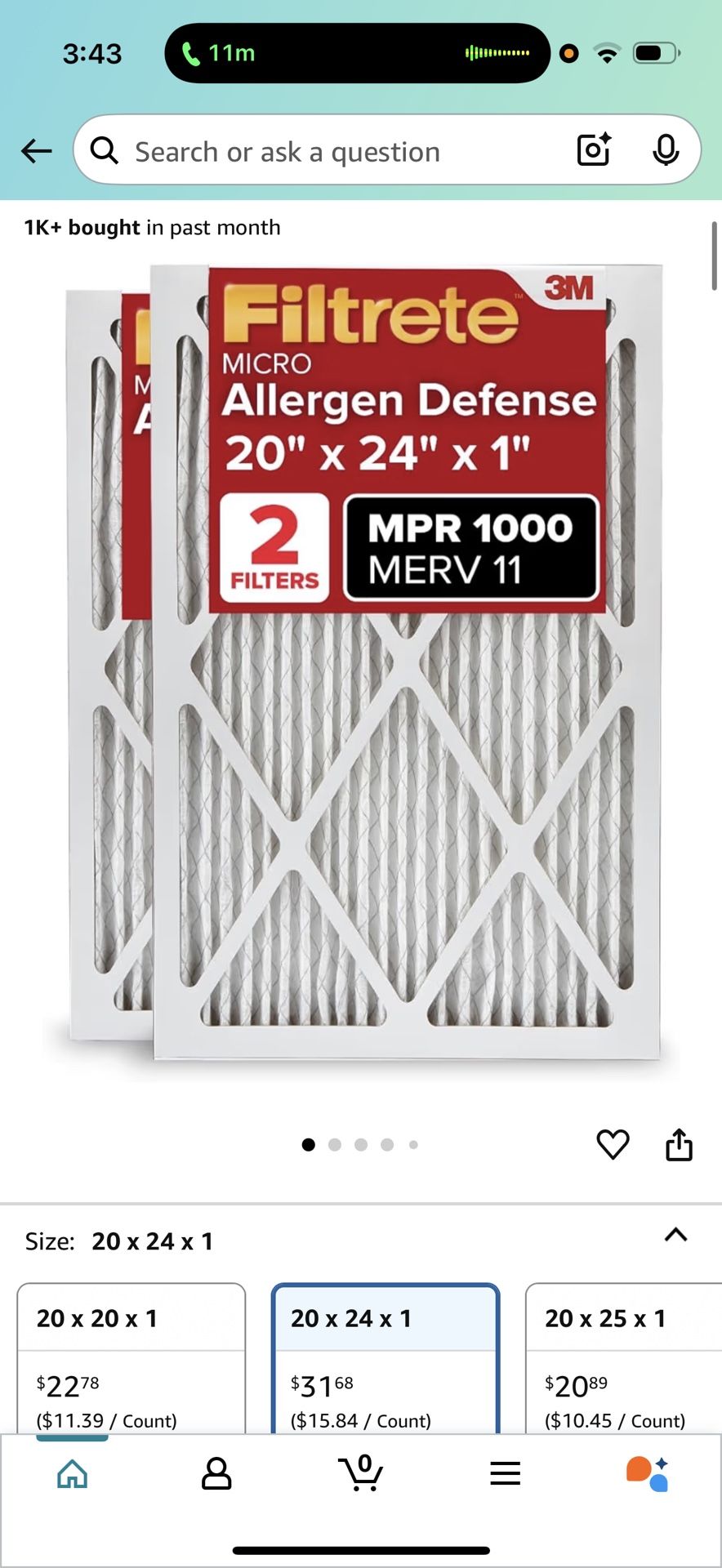 Filtrete 20x24x1 AC Furnace Air Filter, MERV 11, MPR 1000, Micro Allergen Defense, 3-Month Pleated 1-Inch Electrostatic Air Cleaning Filter, 2 Pack (A