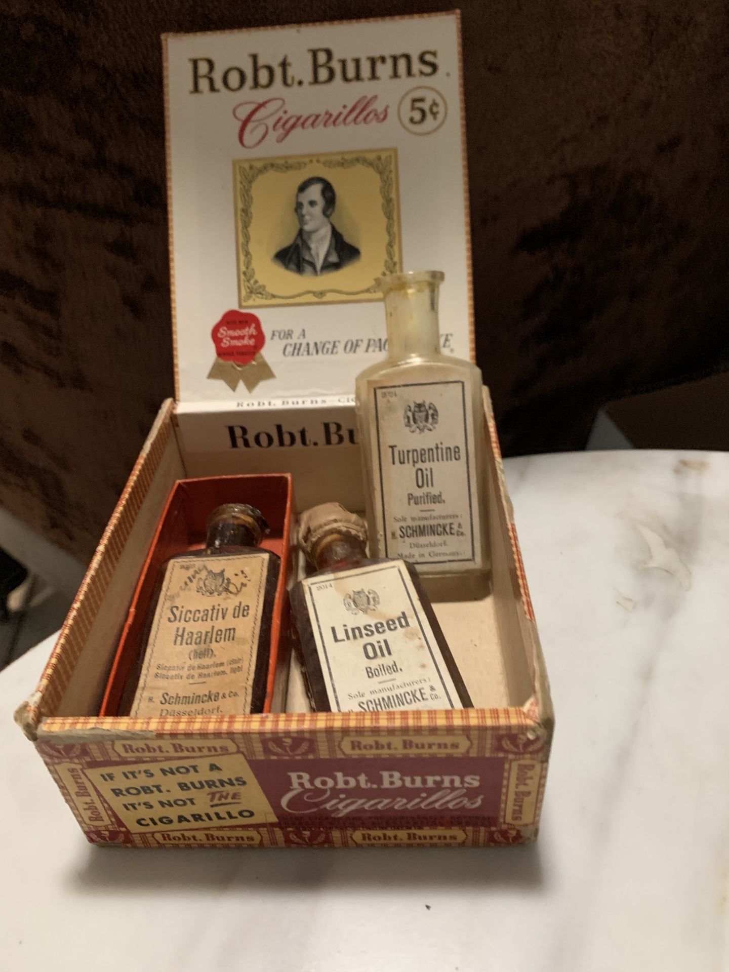 Antique Bottles with Cigar Box