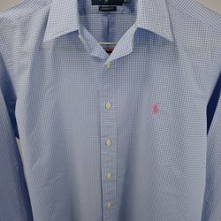 Ralph Lauren Men Size XL Sky Blue w/ Pink Pony Logo Shirt. Excellent like new condition awesome color combination and design. Signature RL with pink p