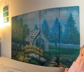 Wooden 4 Panel Room Divider Painting with Gazebo Forest Meadow Painting