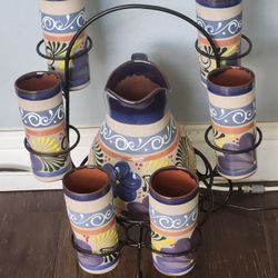 Artesania Mexicana Jarra Con 6 Vasos 