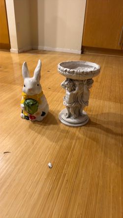 Ceramic Bunny Figurine and Cherub Candle Holder
