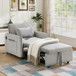NEW Gray Sleeper Sofa Chair Bed, Convertible Velvet Single Pull Out Single Sofa, Modern Tufted Living Room Reading with Adjustable Backrest/Pillow
