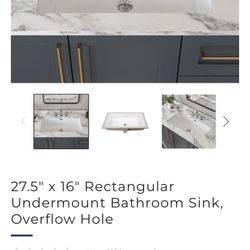Undermount Bathroom sink, Overflow Hole 27.5” X 16”