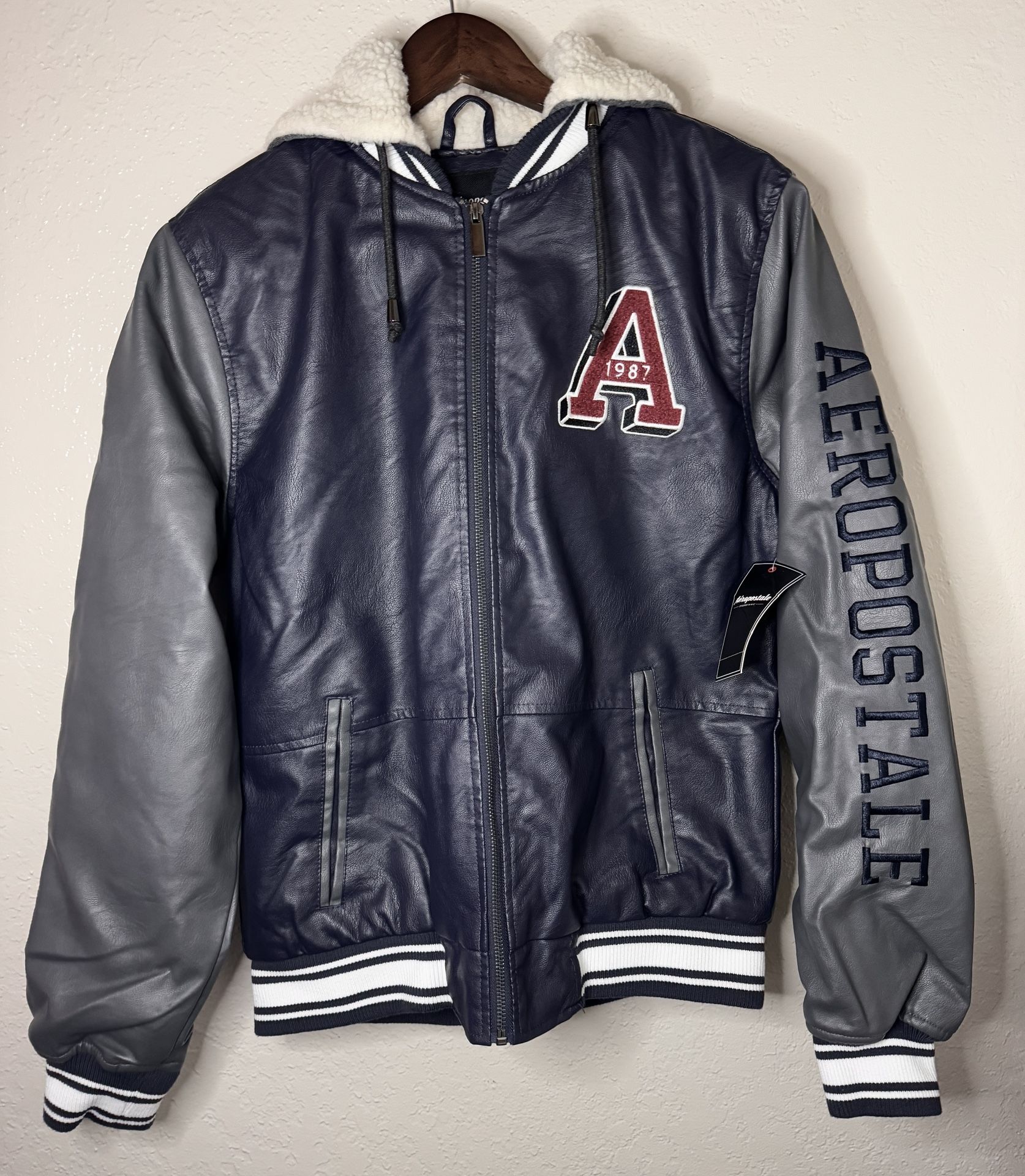 Aeropostale Leather Aviator Medium Jacket Men Hooded Sherpa Blue Gray APJ01133