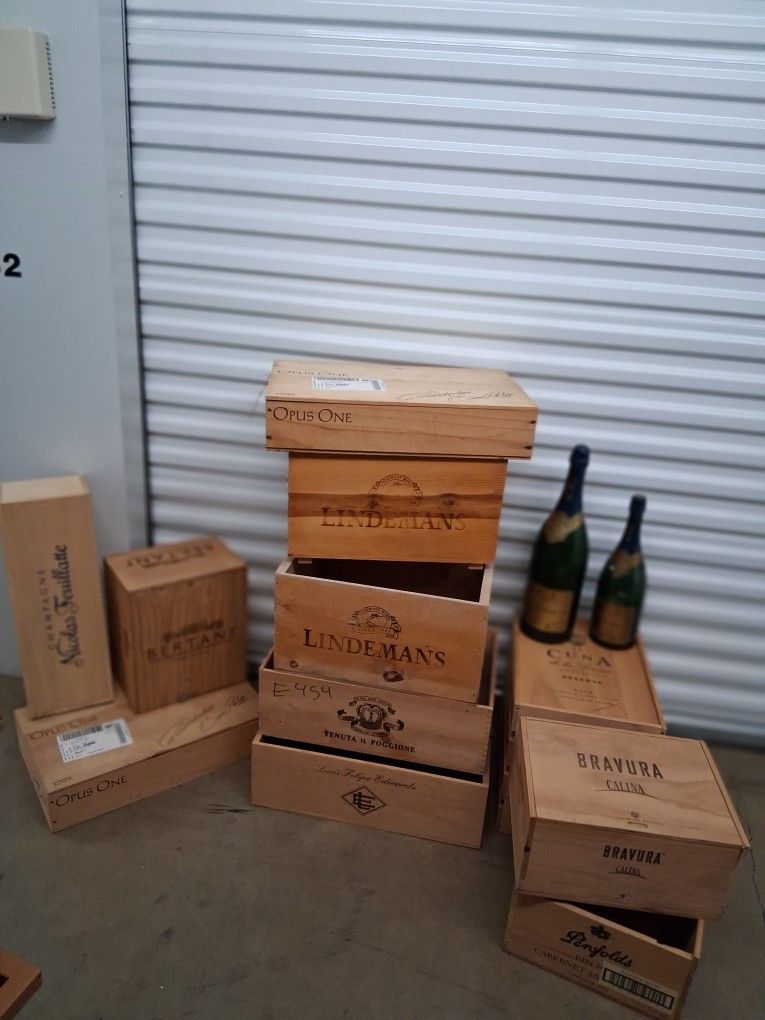 Custom-made French wine crates most with lids.Some sighned empty décor bottles Sold Separate $50