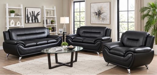 Modern style black leather three piece couch set
