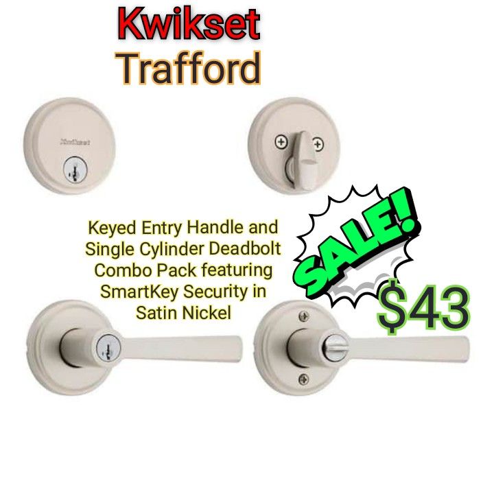 Kwikset Trafford Keyed Entry Handle and Single Cylinder Deadbolt Combo Pack featuring SmartKey Security in Satin Nickel