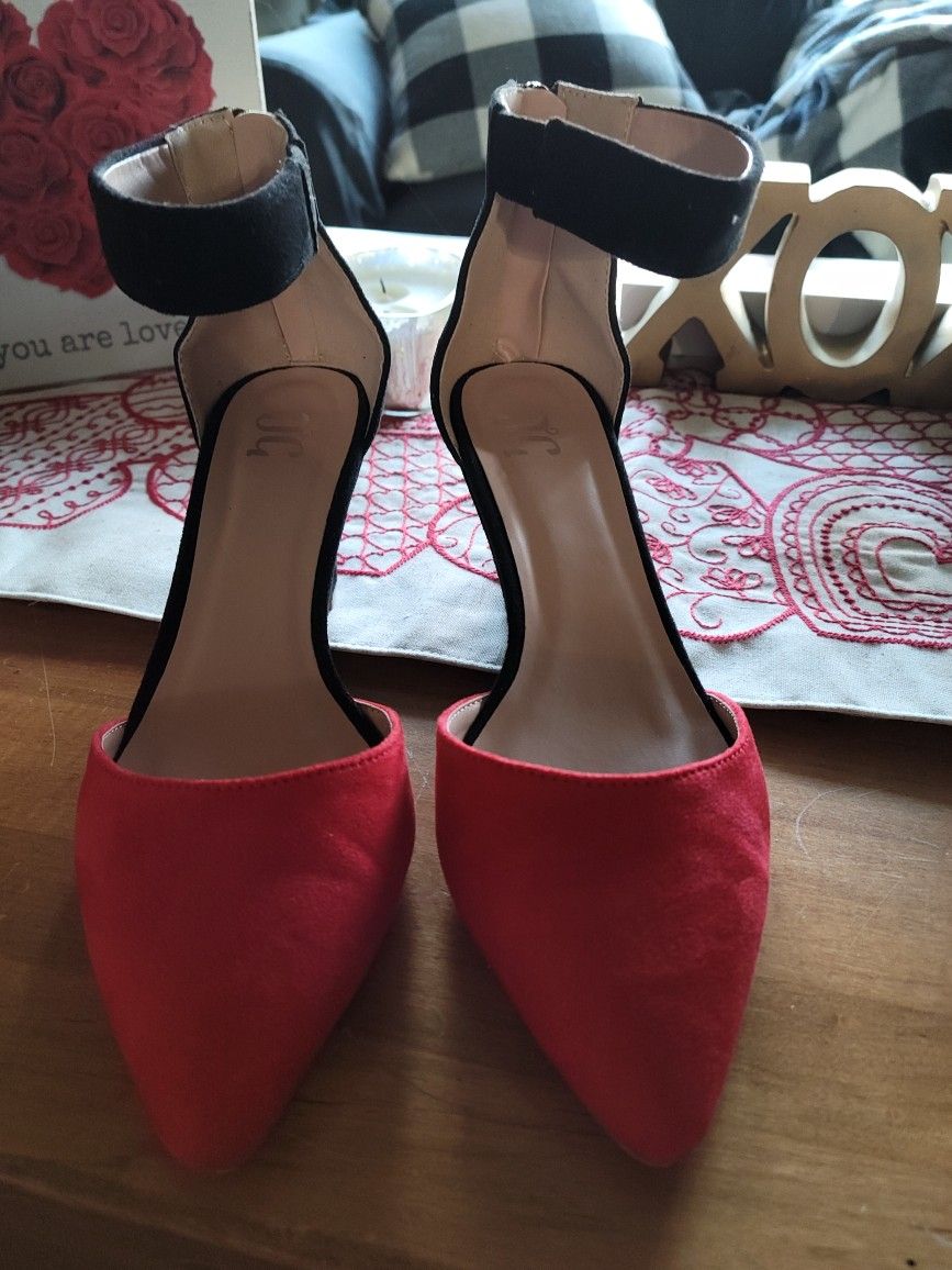 Black & Red Suede Stacked Heels