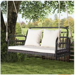 2-Seater Brown Wicker Hanging Patio Swing Chair w/Off-white Cushion