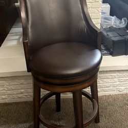 Wood & Leather Bar Height Chair with Swivel Mechanism, Oak Brown & Black, Arm to Arm 21" Height 45" Floor to seat height 30"