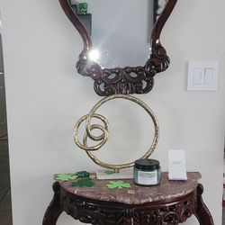 Beautiful Brown Wood Console Mirror with Matching Marble Table