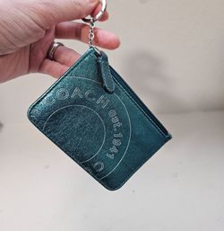 COACH Metallic Turquoise Leather Card Wallet Keychain