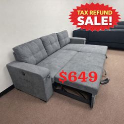 95"W Gray Woven Fabric Reversible Sleeper Sectional Sofa with Storage Chaise Cup Holder Charging Ports and Pockets