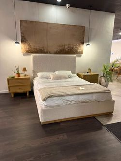 RH Style Bed | Boucle Platform Bed | Solid Wood Trim | Queen & King