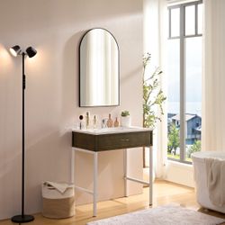 Wall Mirror 36*22 Inch Black Metal Framed Arched Mirror Metal Framed Mirror Round Vanity Mirror Dressing Mirror, For Bathroom, Living Room, Bedroom Wa
