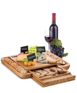 i Cheese Board and Knife Set - Bamboo Charcuterie Board and Cheese Platter - Wood Meat/Cheese Cutting Board with 4 Stainless Steel Knives for Entertai