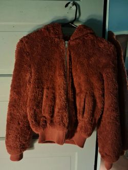 Rust brown faux fur hooded bomber jacket