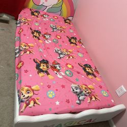Rainbow Twin Baby Girl Bed Platform with Slat Support, With Mattress & Paw Patrol Bedding Cover 