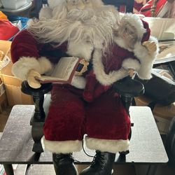 Vintage Santa Claus Decoration 24” Wooden Chair Holding Doll And Story Book