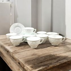 Indiana Glass Harvest Grape Milk Glass Teacups & Saucers Set of 8 USA