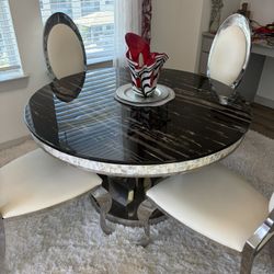 Marble Round Dining Set With Leather White Chairs