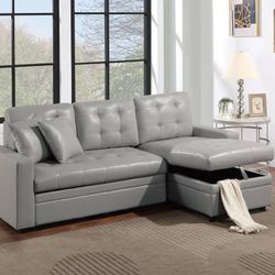 Brand New Light Gray Faux Leather Convertible Sofa Be With Reversible Storage Chaise (89" x 58" x 35"H)