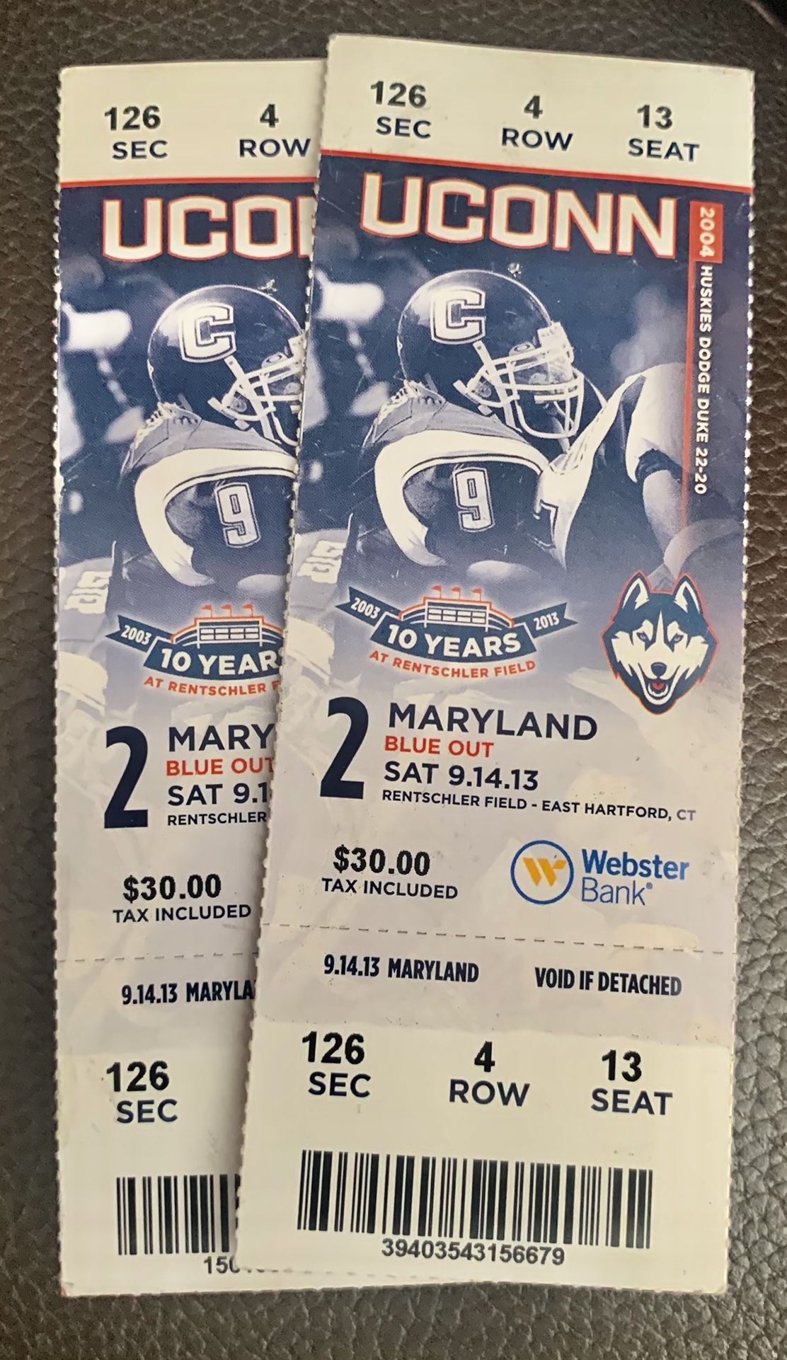 2013 UCONN HUSKIES FOOTBALL TICKET STUBS Game Date 9/14/2013