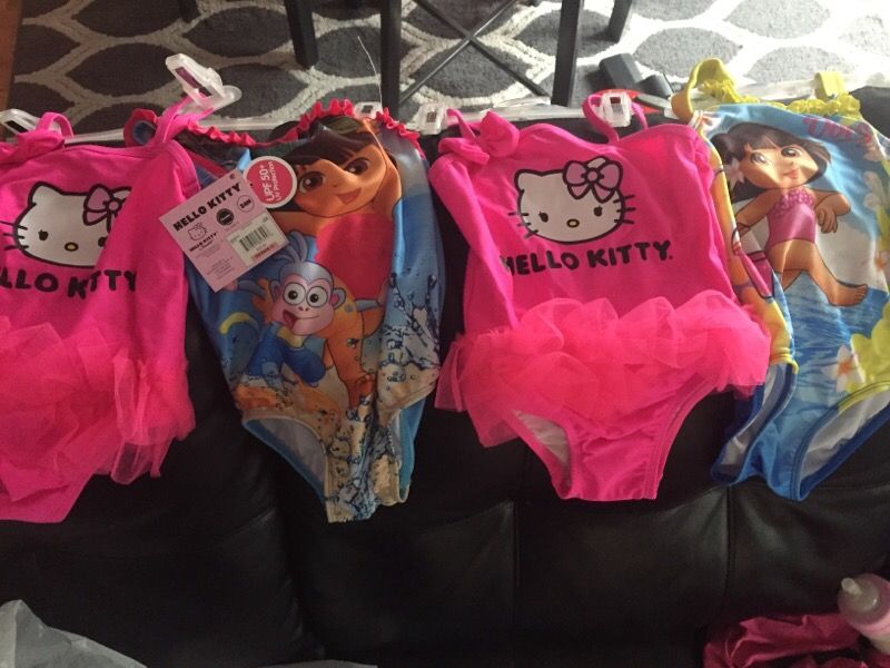 Baby girl Dora and hello kitty bathing suits 24 month