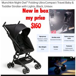 New sealed in box Munchkin® Night Owl™ Lightweight Travel Stroller with Wheel Lights, Ultra Compact Baby Stroller for Everyday Travel and Easy Storage