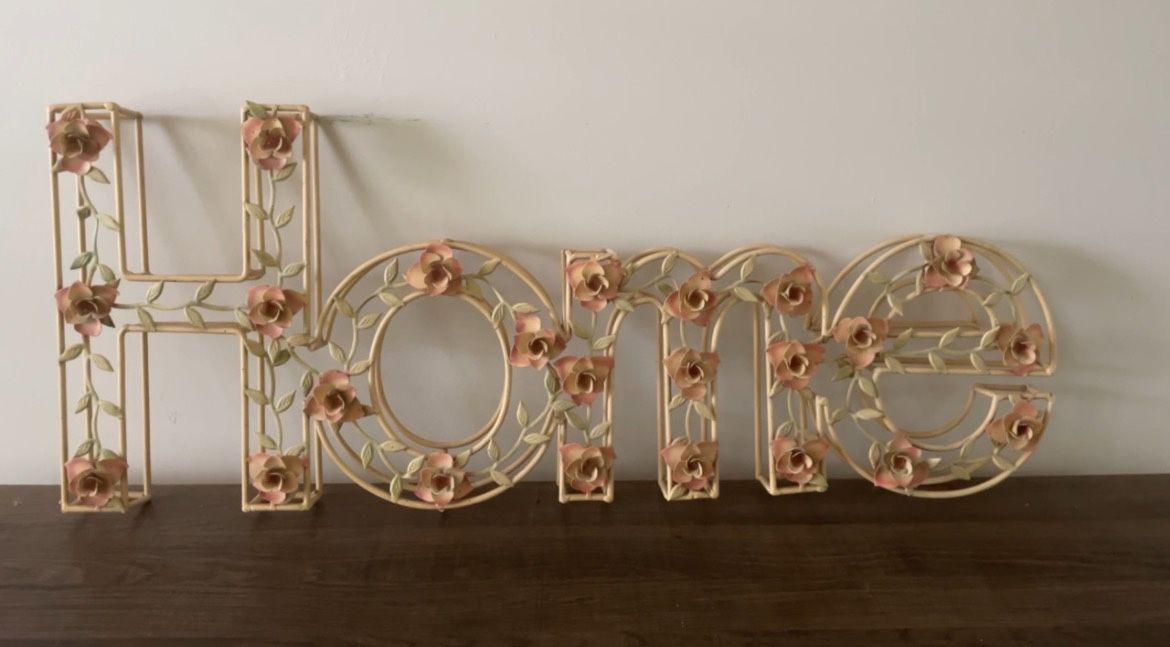 “Home” Shabby Chic Pink Rose Flowers Metal Wall Hanging Sign / Home Decor