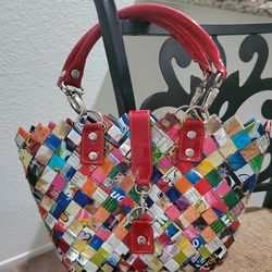 NAHUI OLLIN CANDY WRAPPER PURSE WITH RED PATENT LEATHER HANDLES