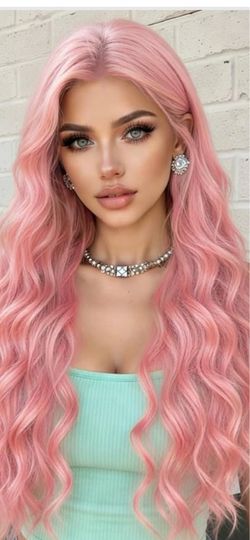 Long Pink Wavy Wig Middle Part Pastel Pink 26 inch Natural Curly Synthetic Wig Heat Resistant Fiber #150