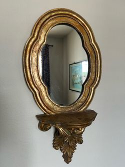 Vintage Florentine Gold Oval Mirror with Wall Shelf Sconce