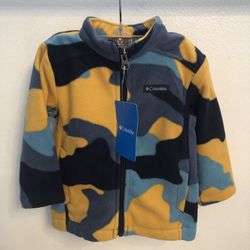 Columbia Boys' Zing III fleece jacket in a yellow, blue, and black 'Shasta Mod Camo' print