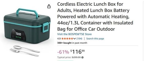 Cordless Electric Lunch Box Battery Powered with Automatic Heating, 44oz/1.3L