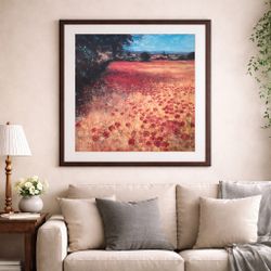Large Framed Square Print – Poppy Field Landscape (31” x 31”) -ready to hang