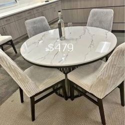 5-pc Dining Table Set White Faux Marble Table Top -Grey Or Ivory Corduroy Upholstery 