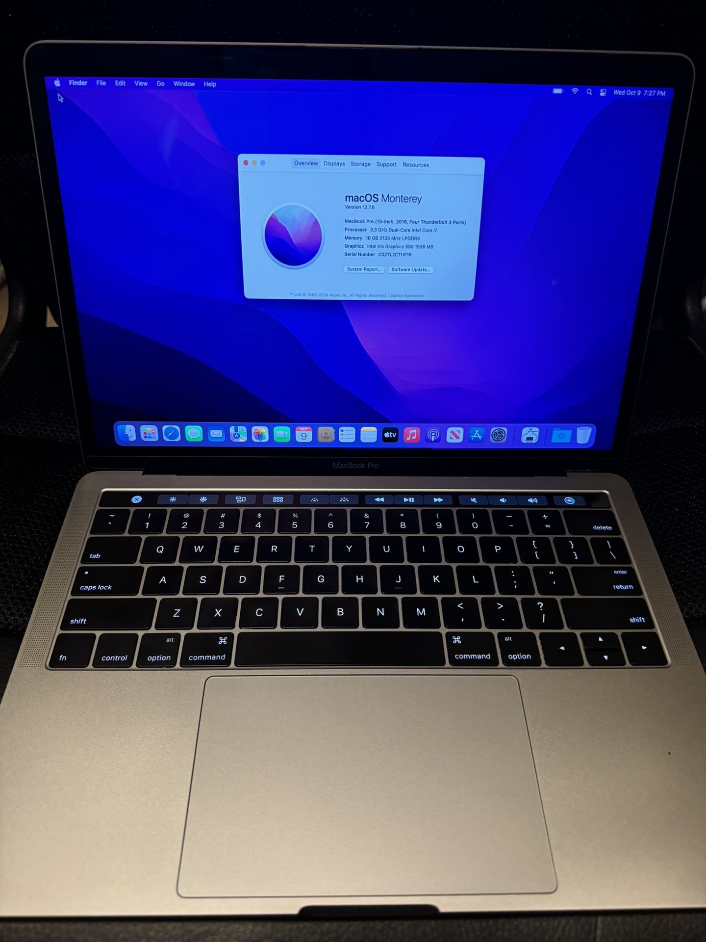 MacBook Pro 2016 (13-inch) w/Touch Bar macOS “Monterey” i7 processor 16GB 512SSD Charger included Ready to Go!!!!!