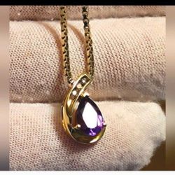 $650 10k Yellow Gold 1ct Natural Pear Amethyst Diamond Pendant W/ DIAMONDS