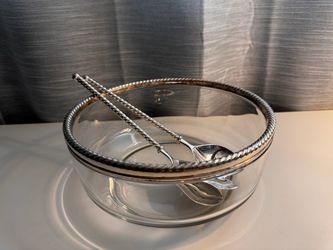 Italy E.P. Zinc Silver RIM SALAD BOWL w SERVERS Twisted Rope Design