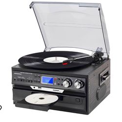 JOPOSTAR 3-Speed Vinyl Record Player Bluetooth Turntable with Built-in Dual Speakers, Vinyl Gramphone with CD/Cassette AM/FM Radio USB/SD/MMC AUX in/R